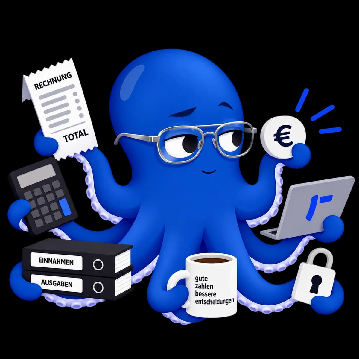 Der blaue OktoEasy-Oktopus mit silberner Brille und seinen Buchhaltungshelfern.